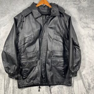 Phase Two Mens Black Leather Hooded‎ Parka Jacket L Lined Moto Biker